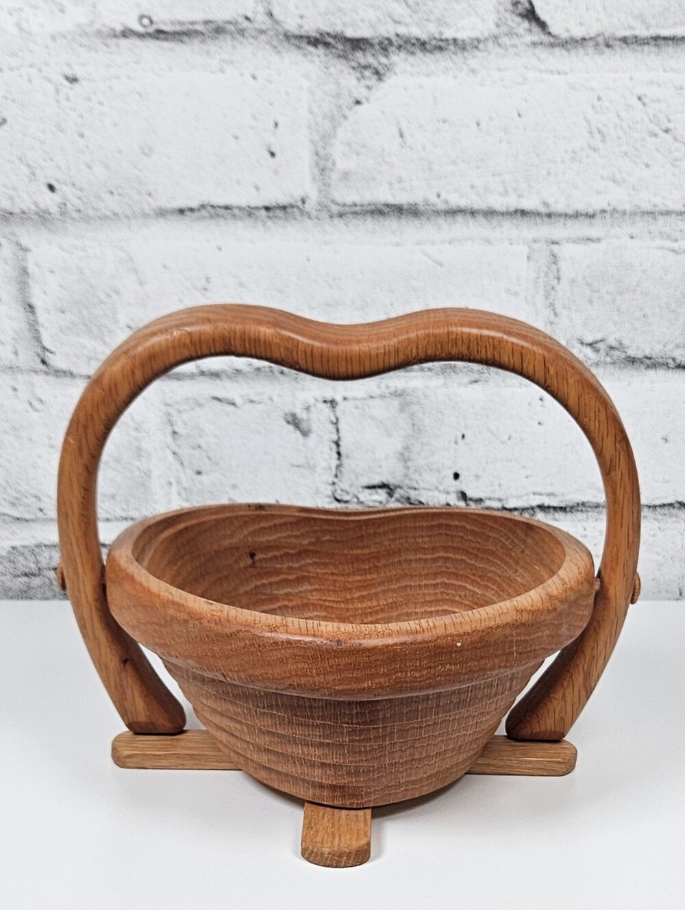 Vintage Wooden Collapsible Heart Basket Folding Oak Wood Trinket Bowl
